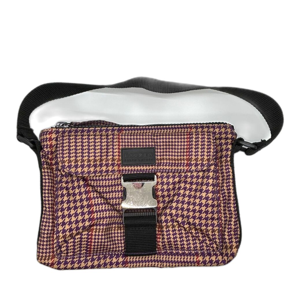 Lauren Ralph Lauren Women's Tan Purple Houndstooth Nylon Shoulder Bag